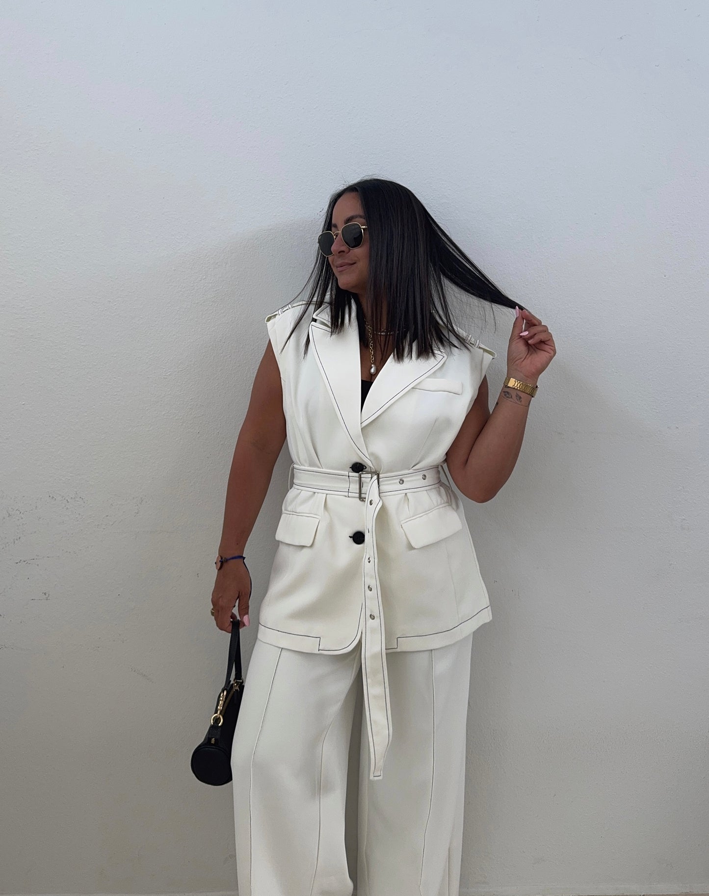 White Stitch Detail Vest & Wide Leg Trousers