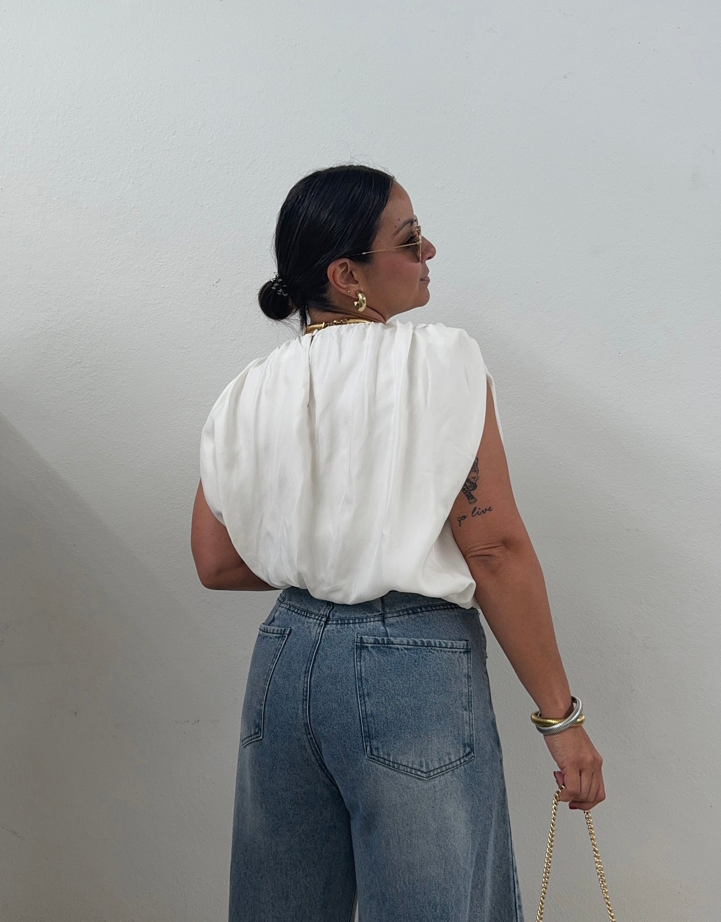 Ivory Asymmetrical Hemmed Top w Shoulder Pads
