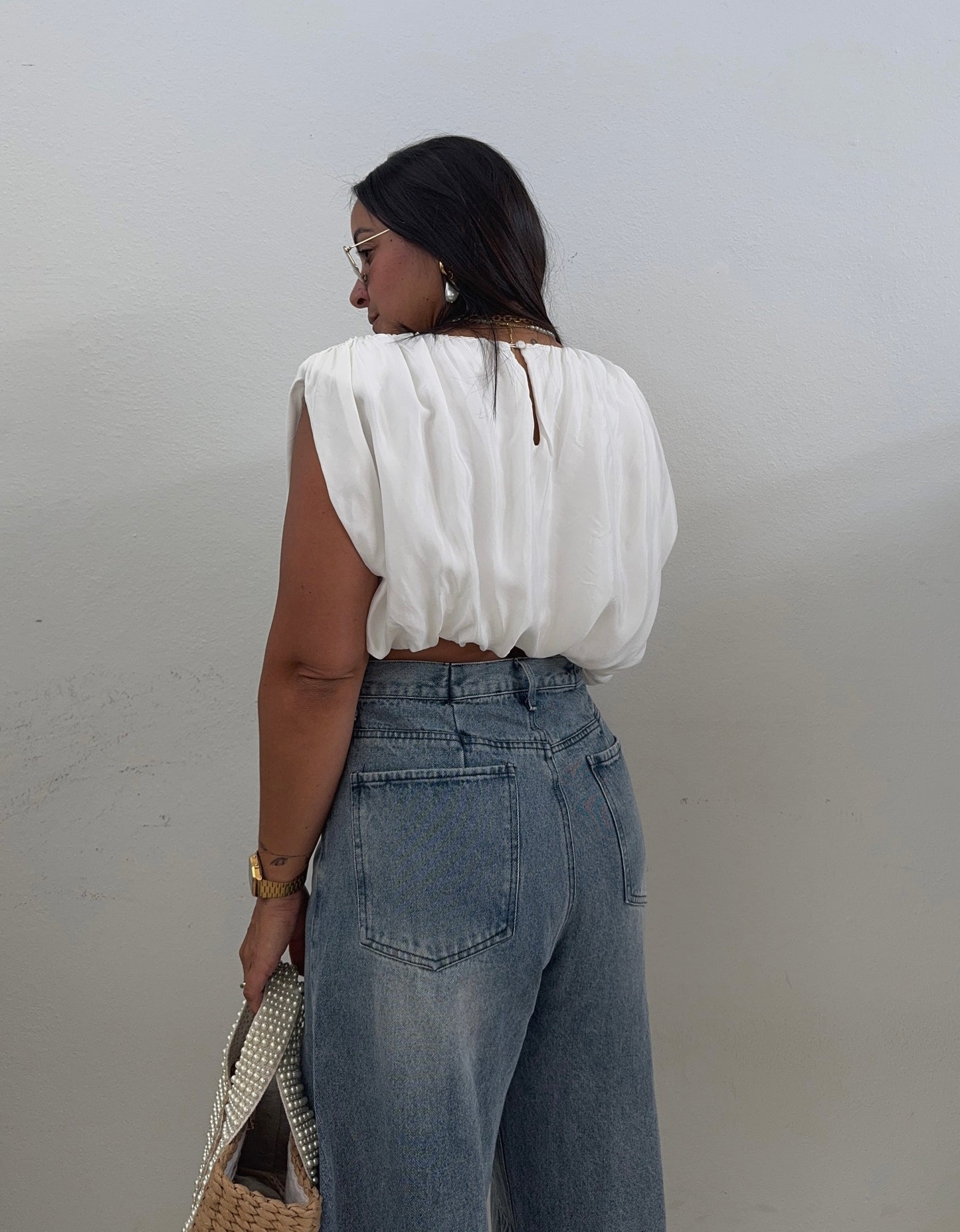 Ivory Asymmetrical Hemmed Top w Shoulder Pads
