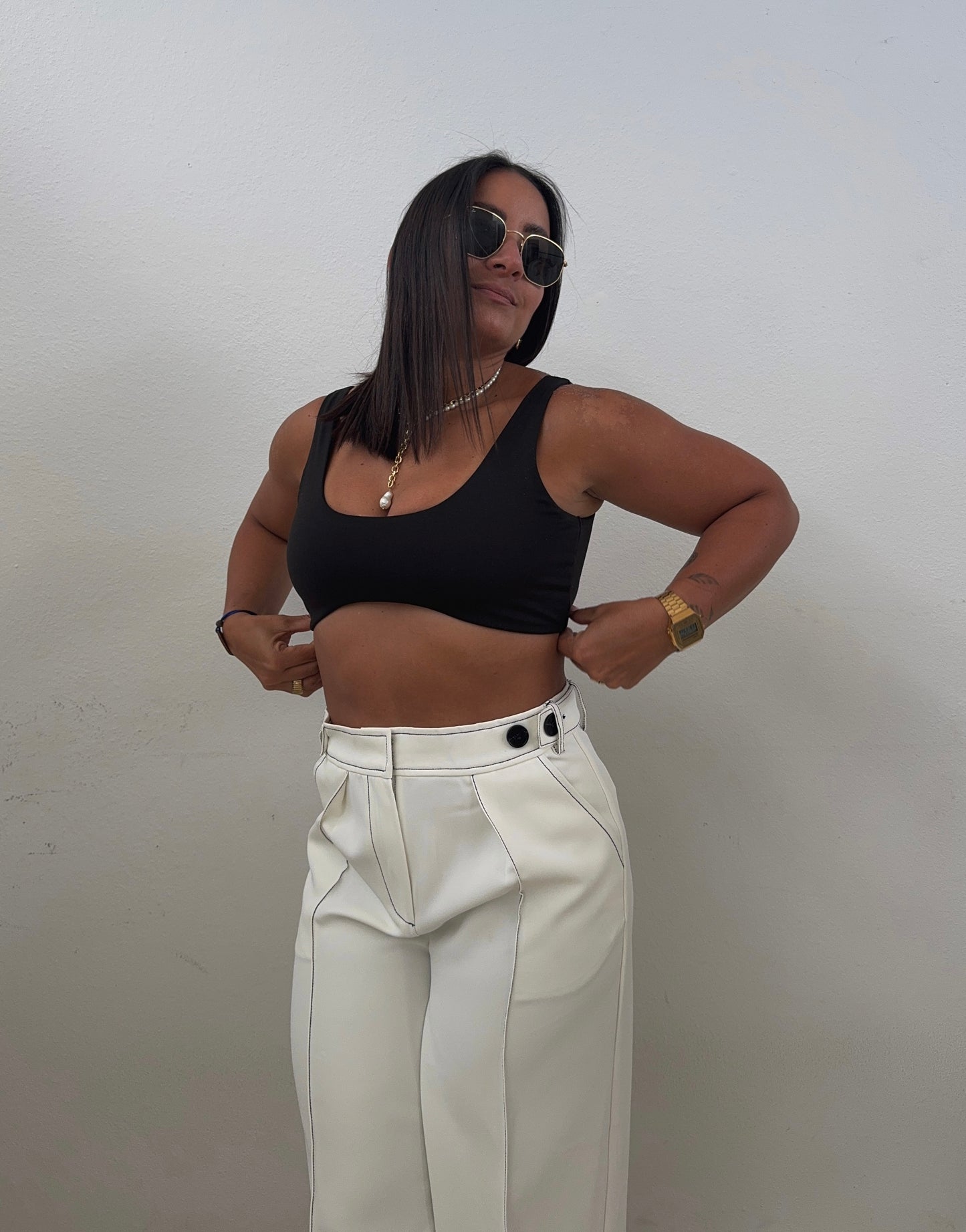 White Stitch Detail Vest & Wide Leg Trousers