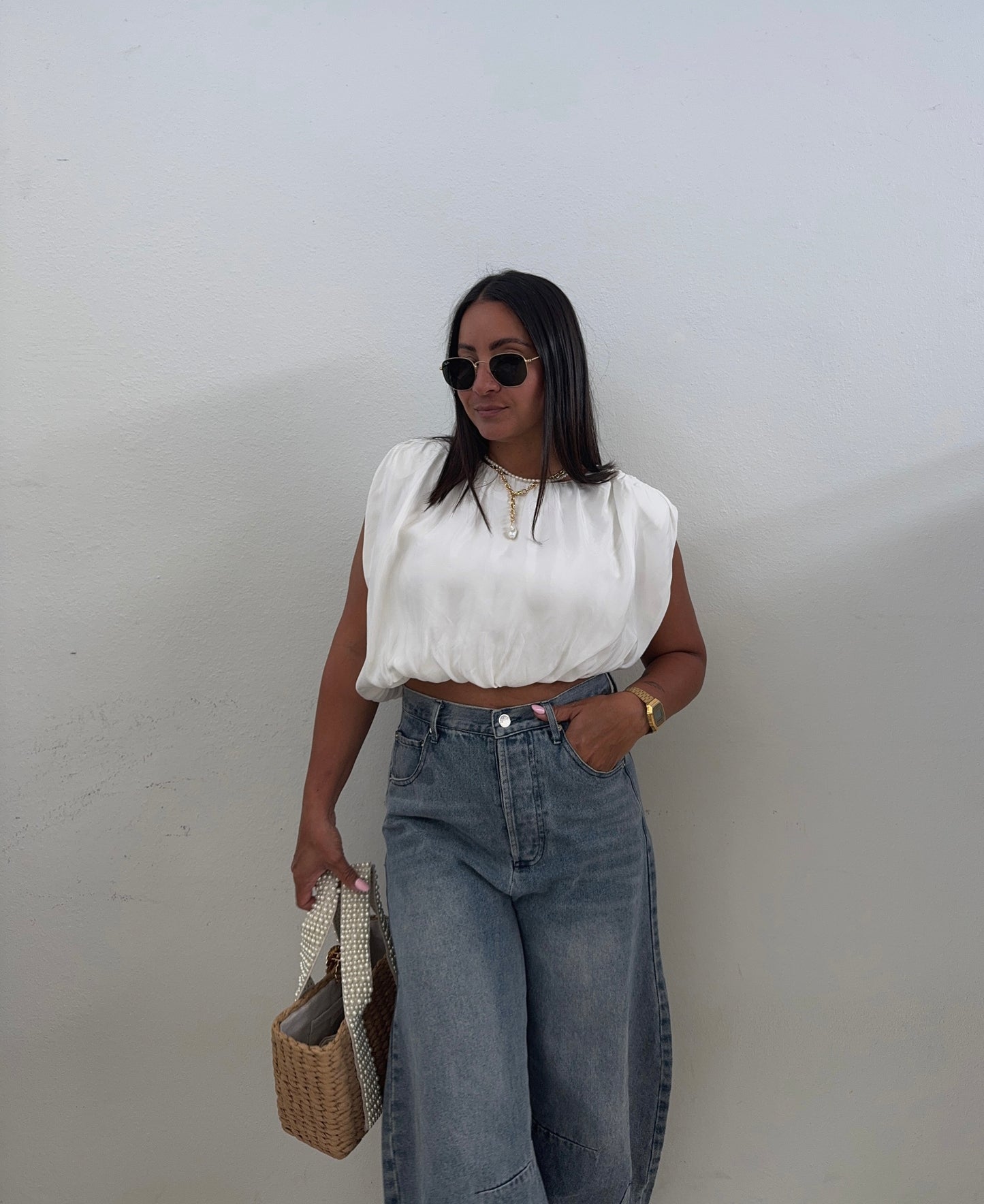 Ivory Asymmetrical Hemmed Top w Shoulder Pads