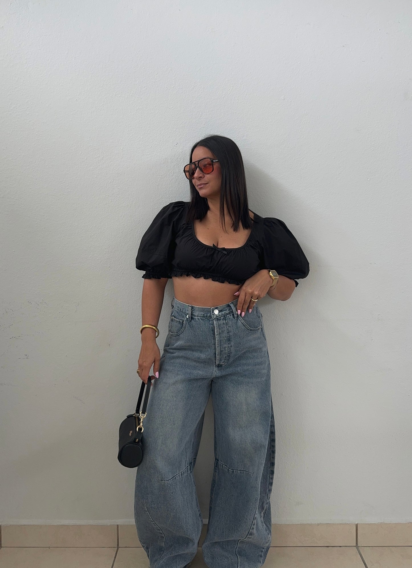 Black Balloon Crop Top
