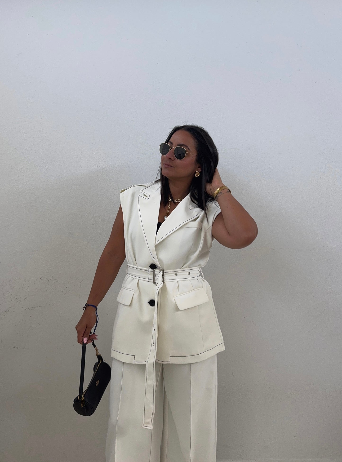 White Stitch Detail Vest & Wide Leg Trousers
