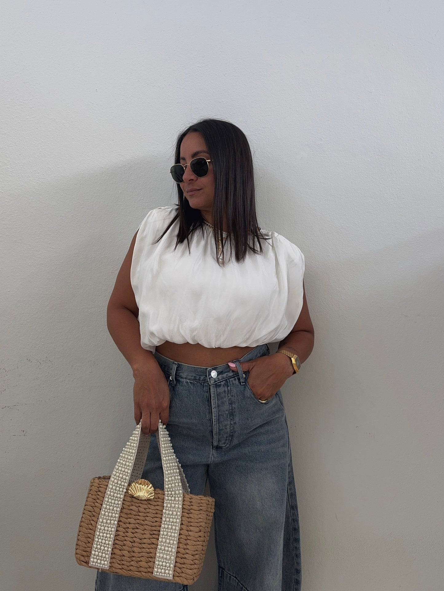 Ivory Asymmetrical Hemmed Top w Shoulder Pads