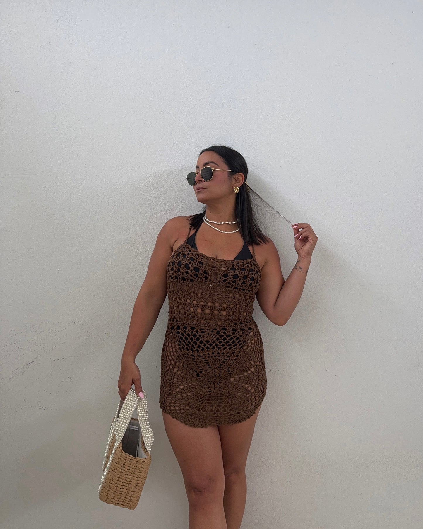 Marea Brown Crochet Mini Dress