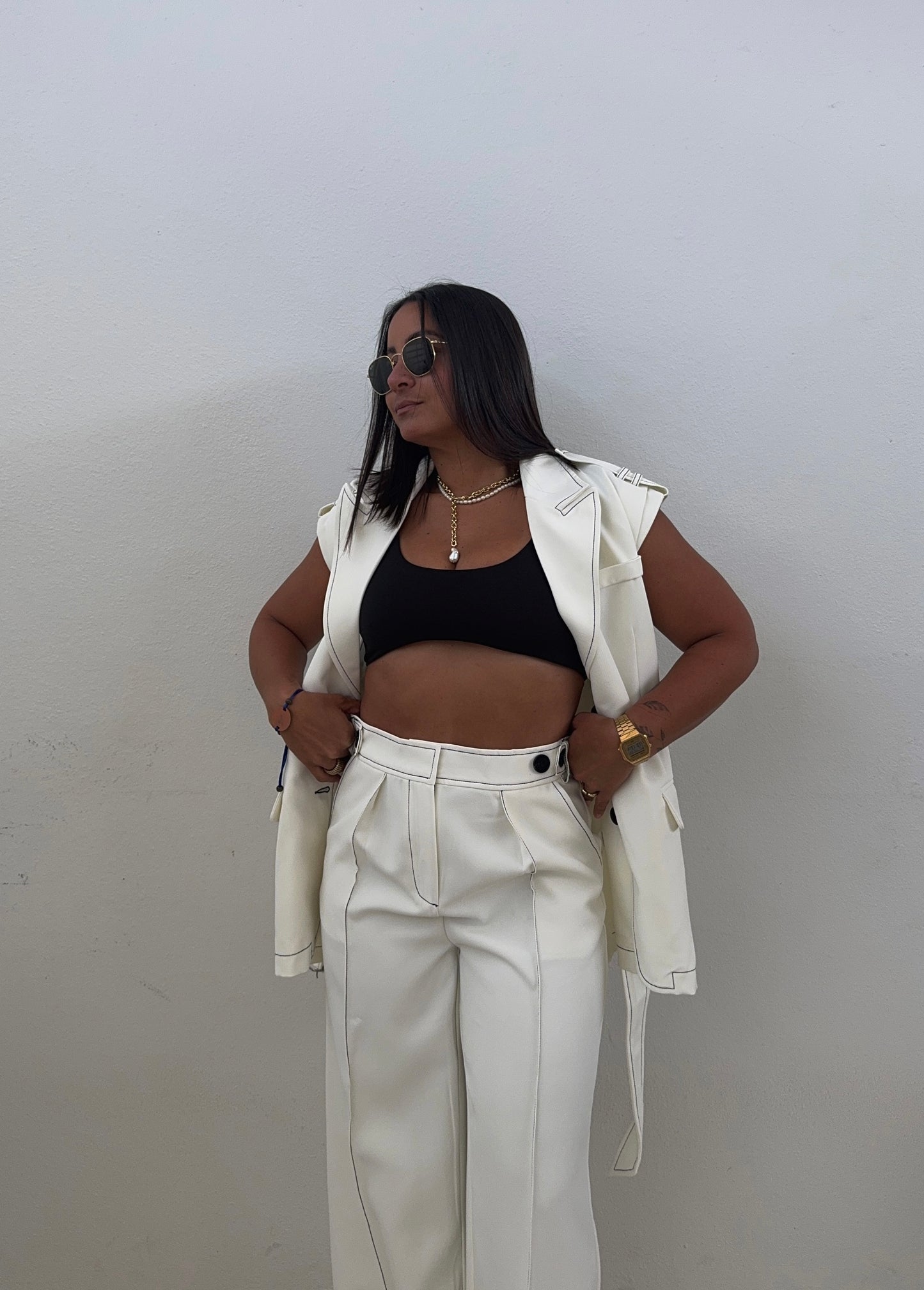 White Stitch Detail Vest & Wide Leg Trousers