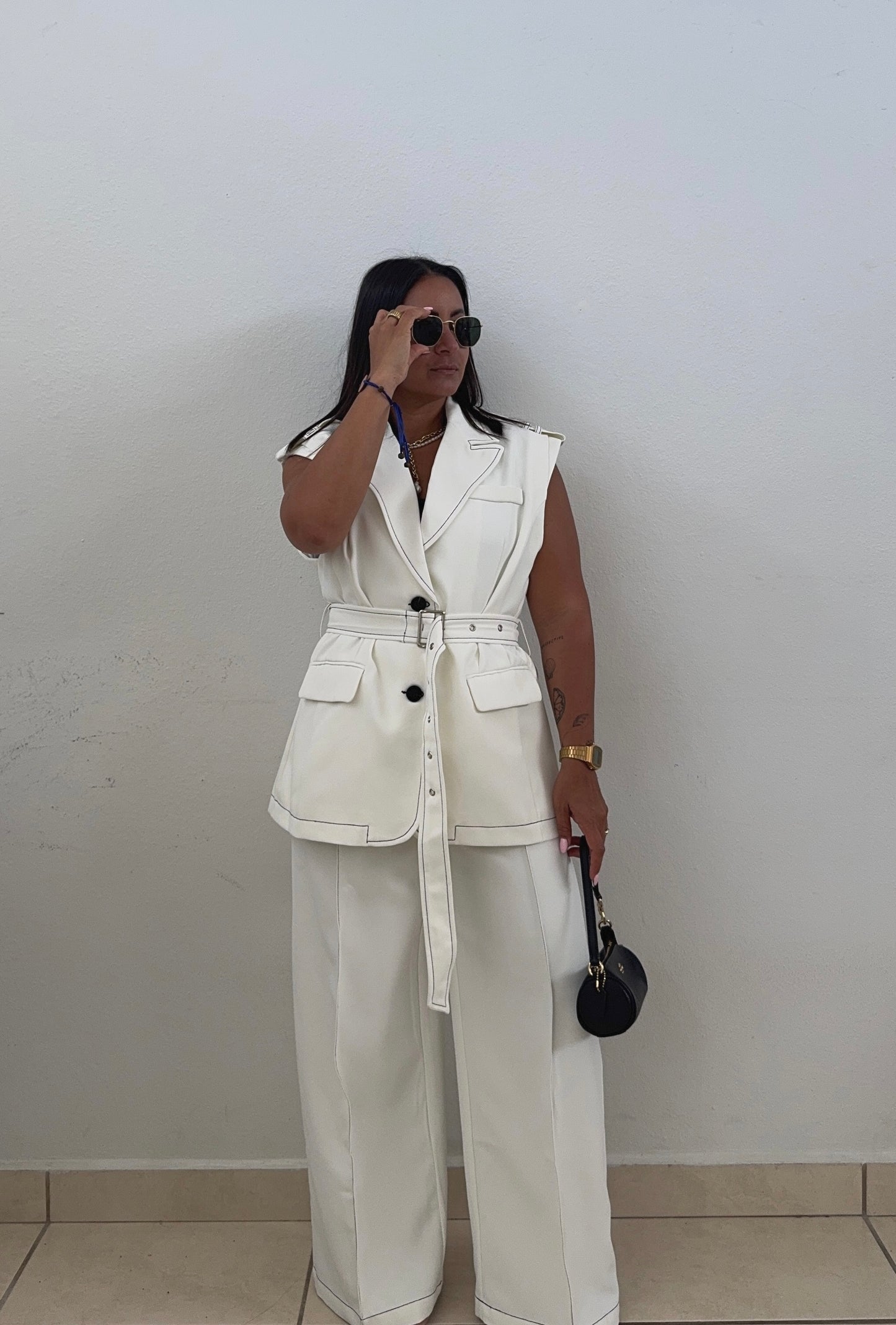White Stitch Detail Vest & Wide Leg Trousers