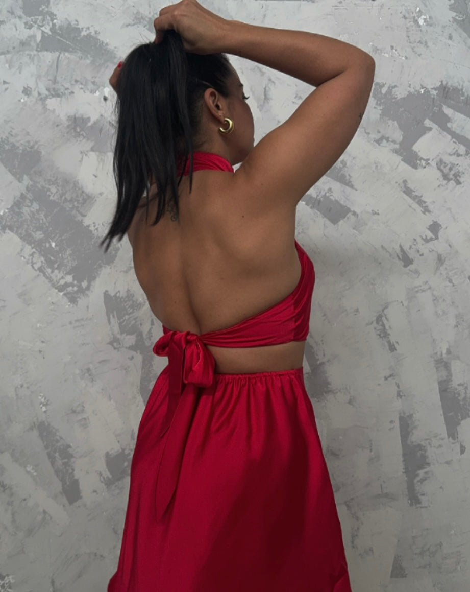 Red Satin Cutout Mini Dress