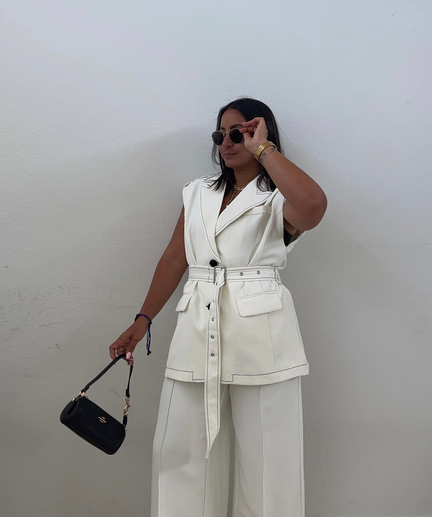 White Stitch Detail Vest & Wide Leg Trousers