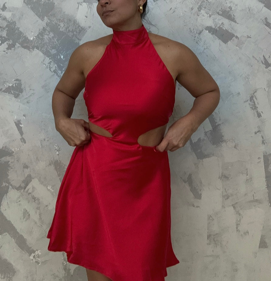 Red Satin Cutout Mini Dress