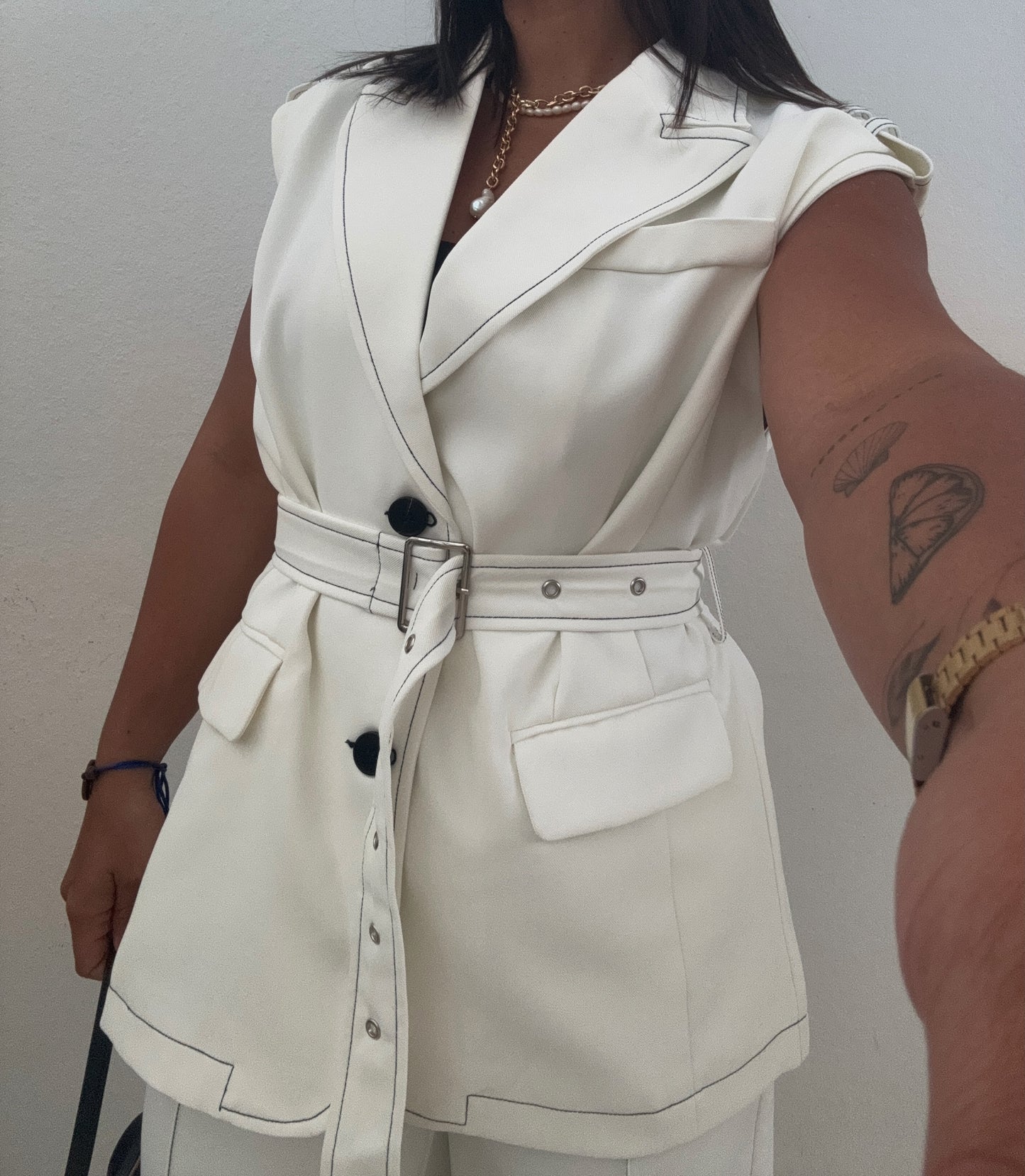 White Stitch Detail Vest & Wide Leg Trousers
