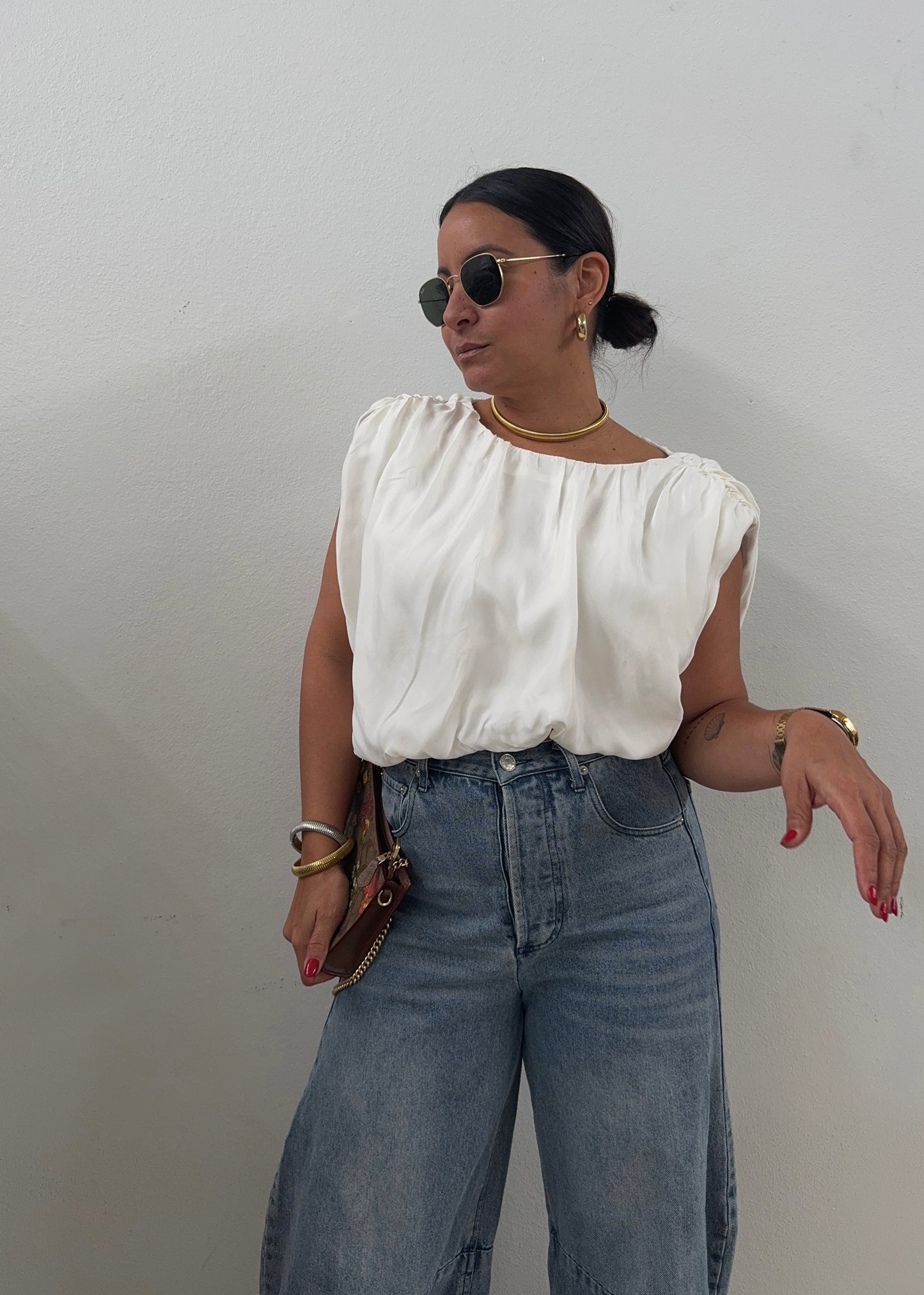 Ivory Asymmetrical Hemmed Top w Shoulder Pads