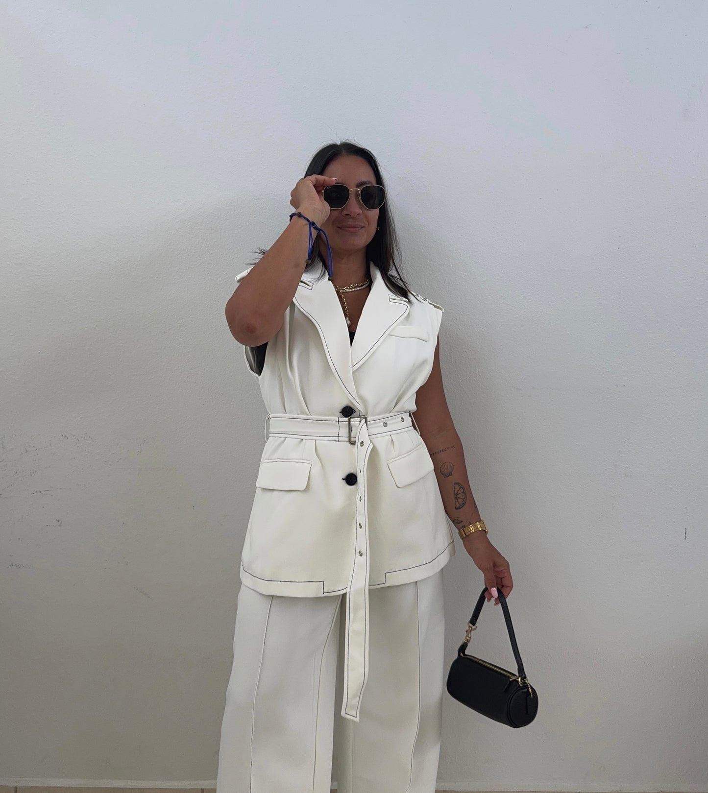 White Stitch Detail Vest & Wide Leg Trousers