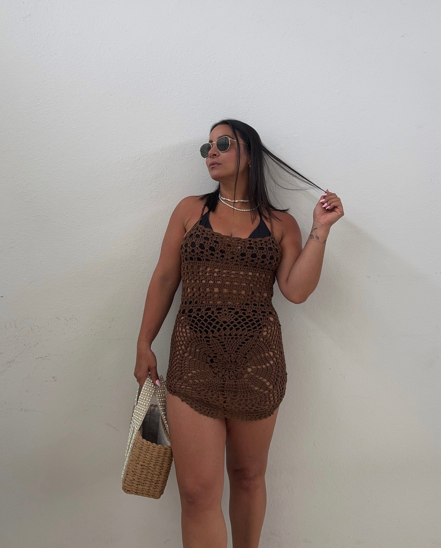 Marea Brown Crochet Mini Dress