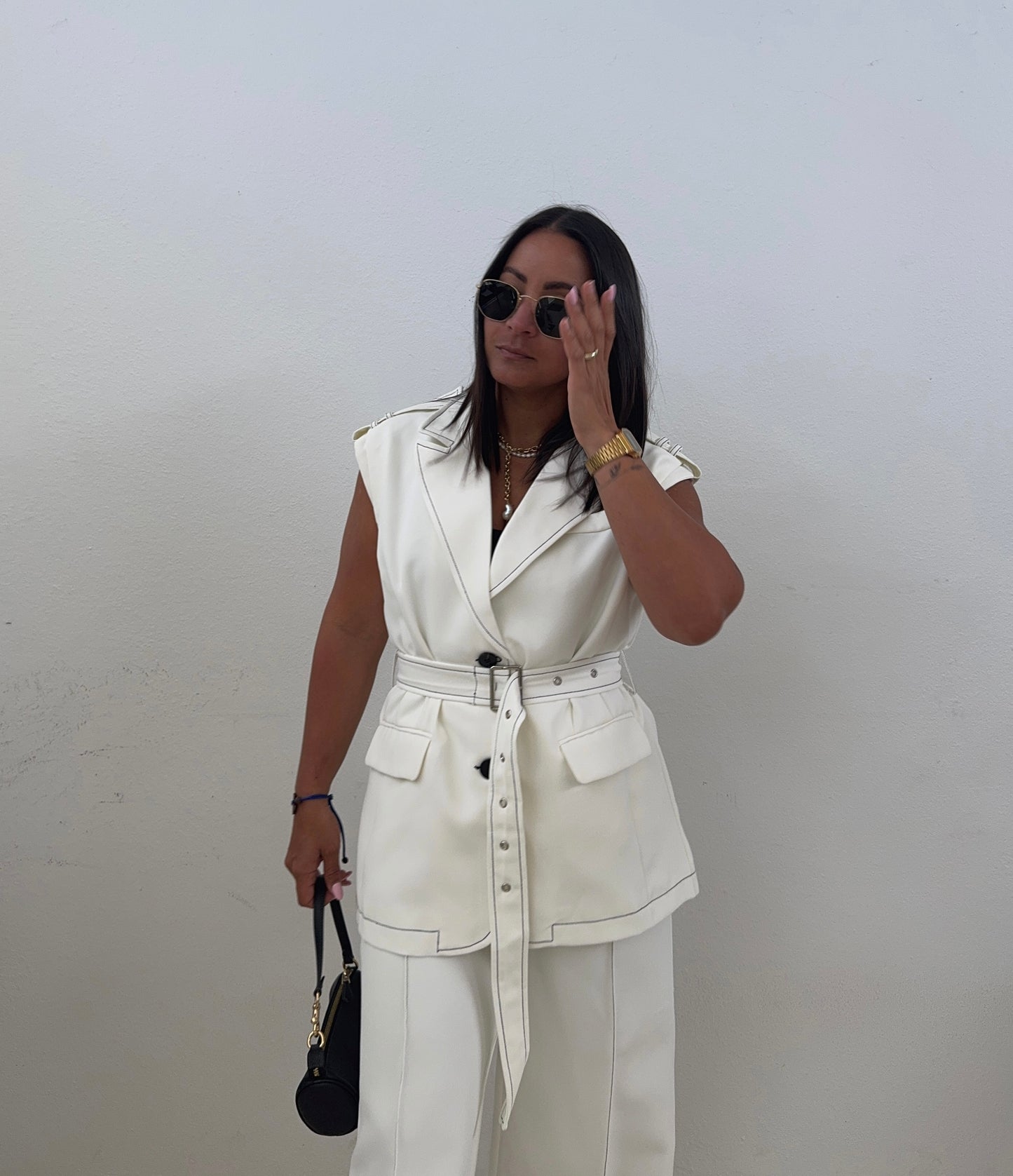 White Stitch Detail Vest & Wide Leg Trousers