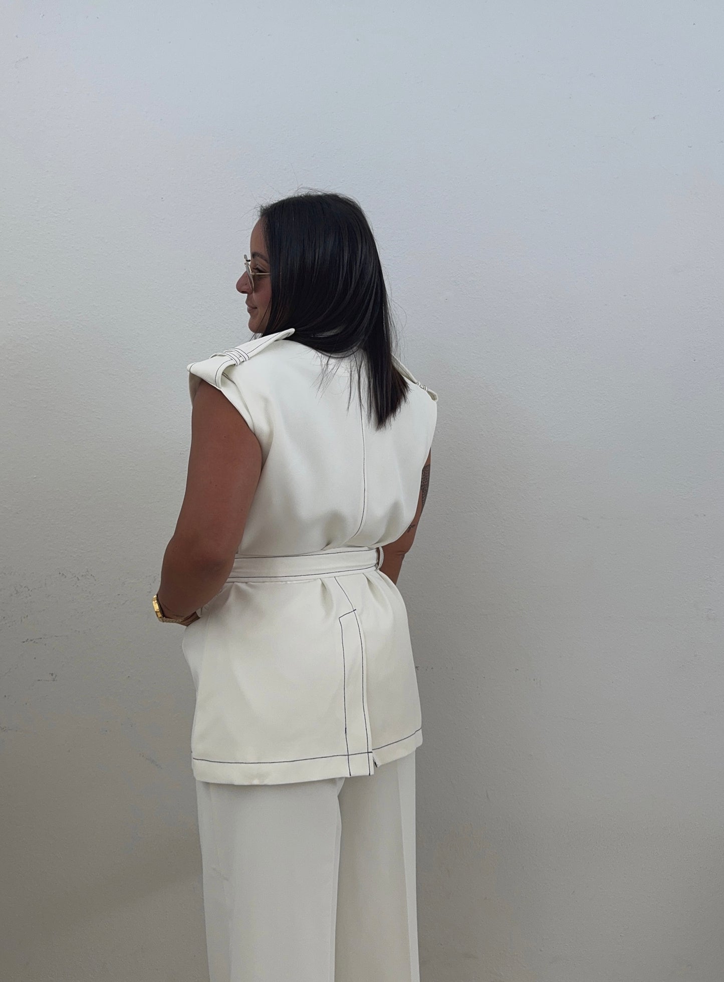 White Stitch Detail Vest & Wide Leg Trousers