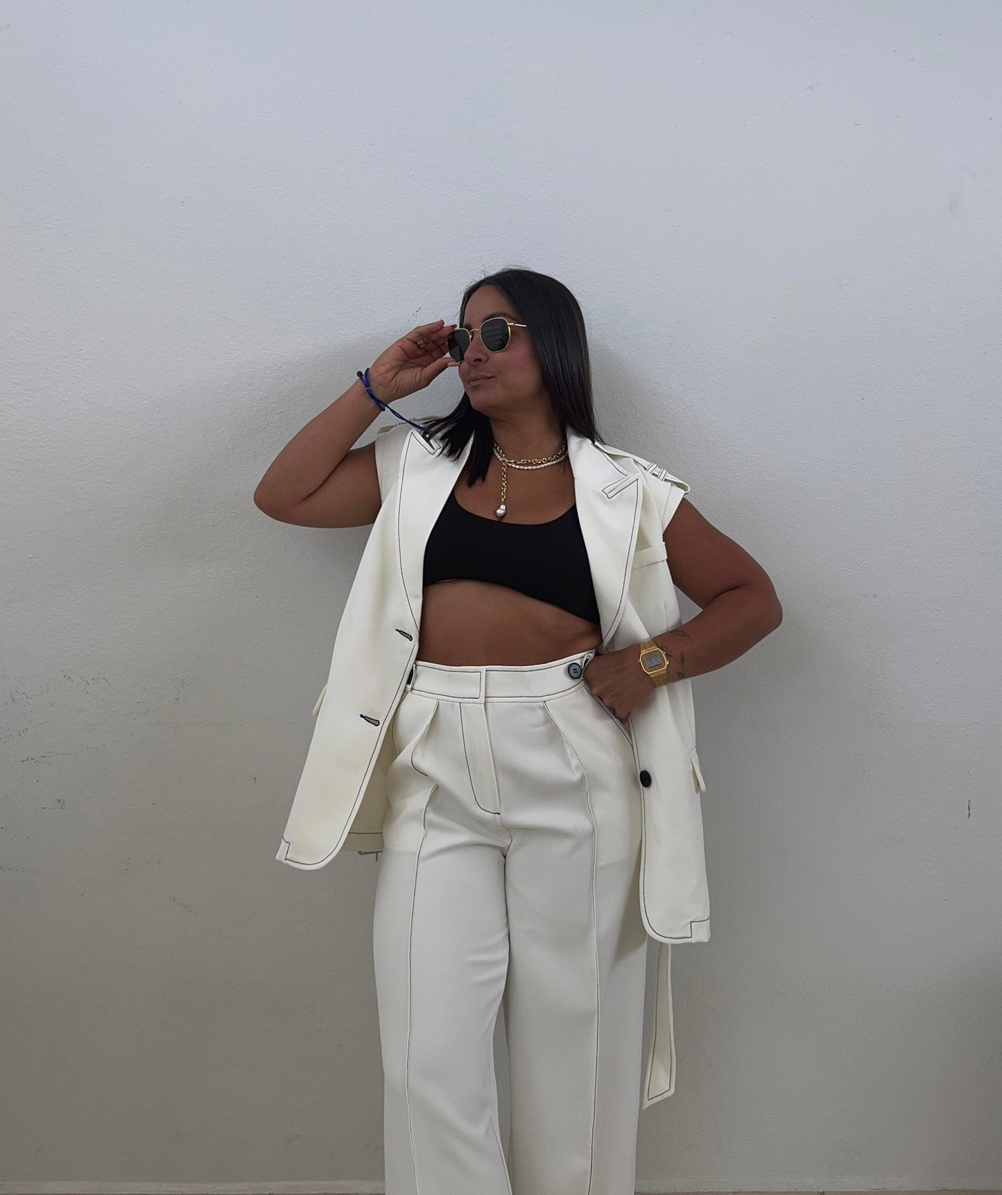 White Stitch Detail Vest & Wide Leg Trousers
