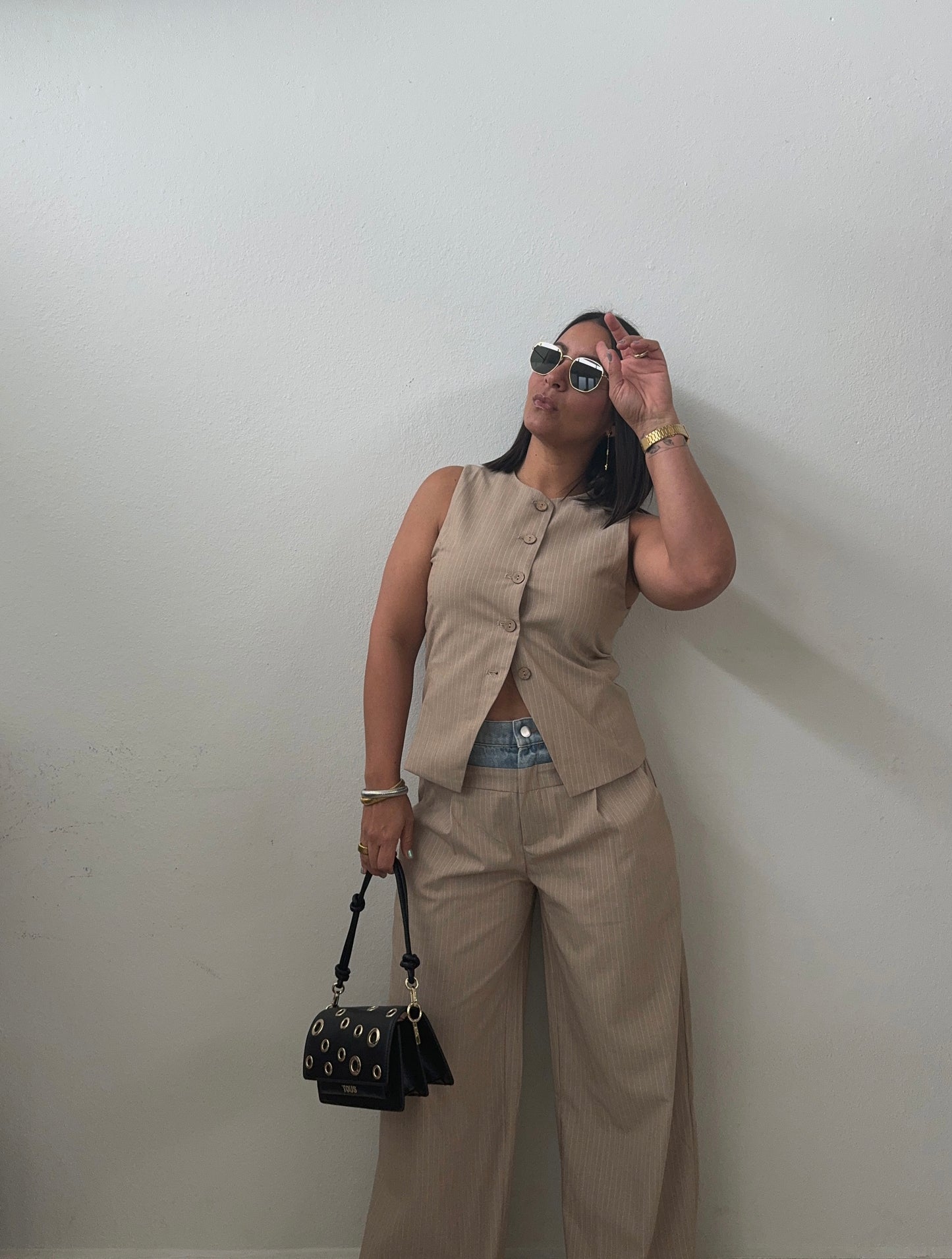 Beige Pinstripe Buttoned Wasitcoat Vest