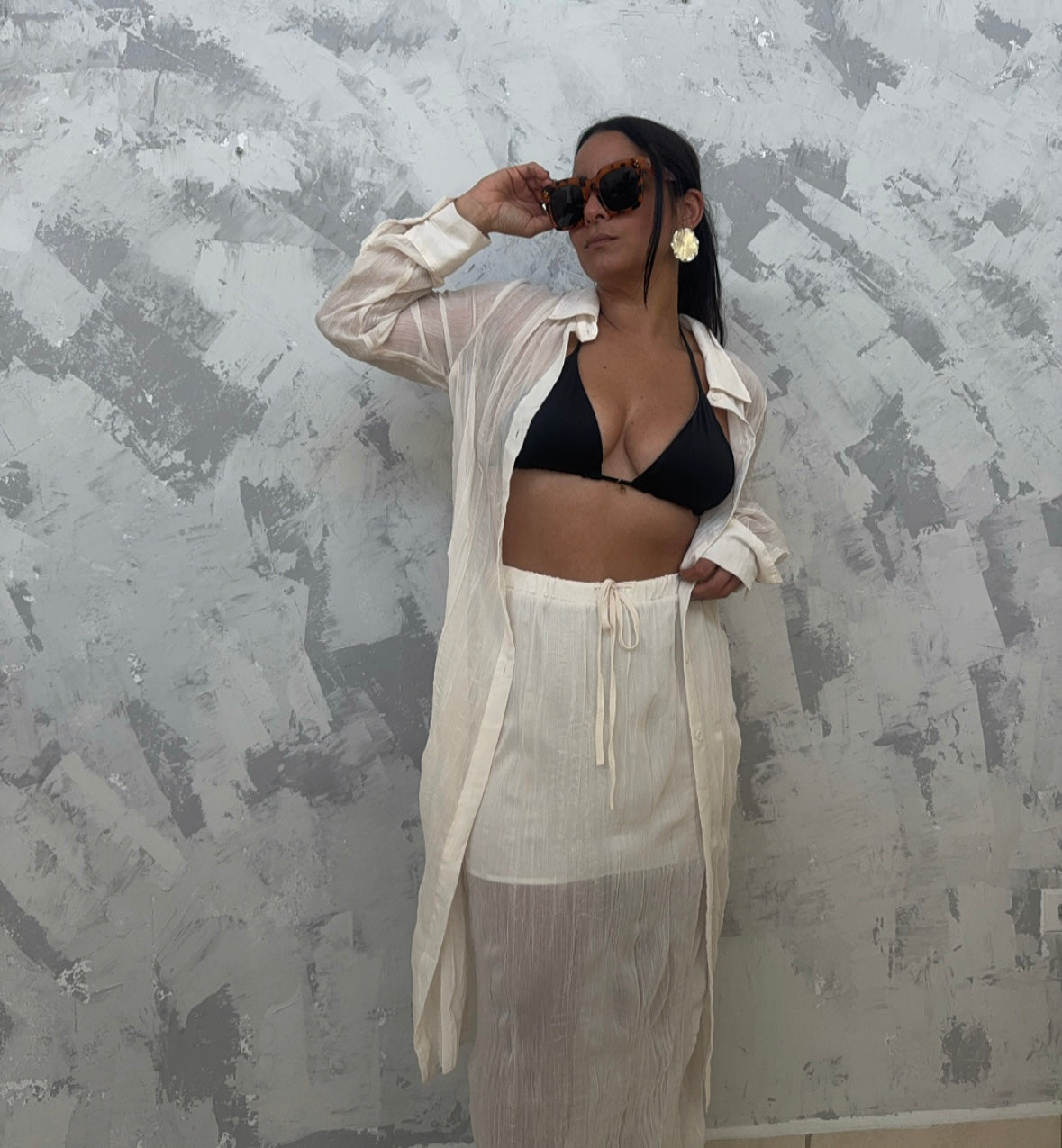 Pleated Midi Skirt & Long Shirt Set