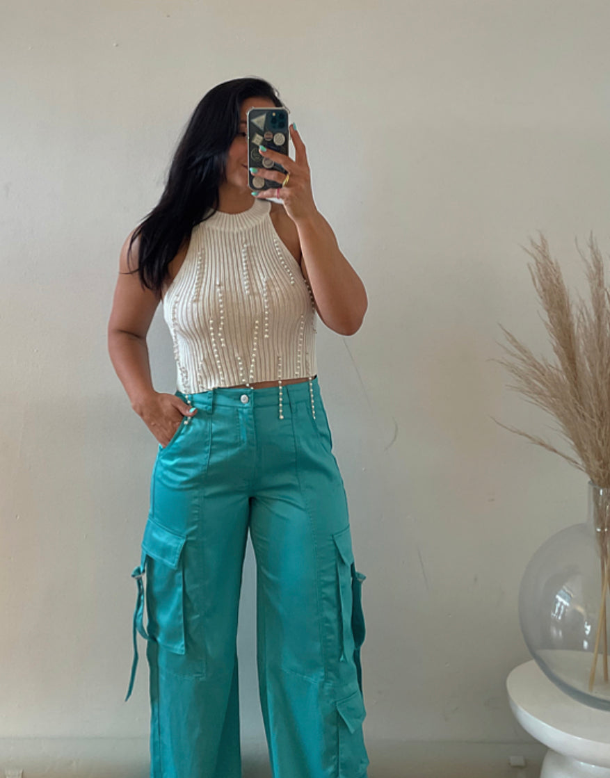 Jade Satin Cargo Pants