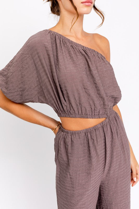 One Shoulder Jumpsuit, Dusty Brown