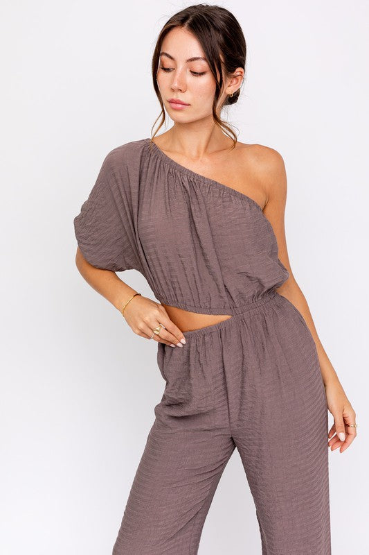 One Shoulder Jumpsuit, Dusty Brown