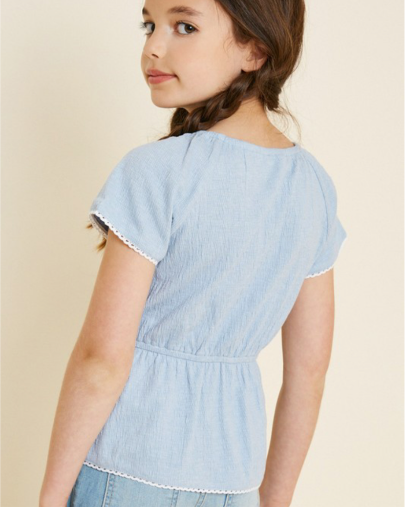 Sky Blue Lace Trim Peplum Top