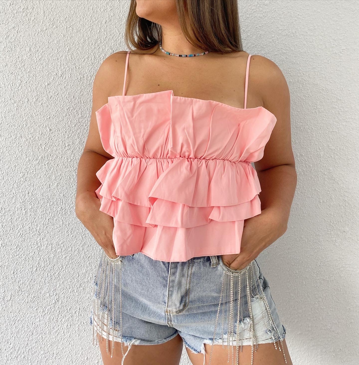 Ruffle spaghetti store strap top