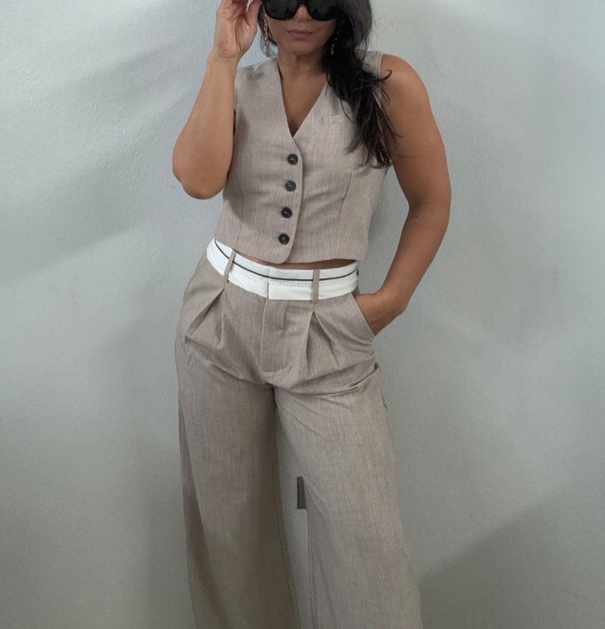 Folded Waistband Trousers, Taupe