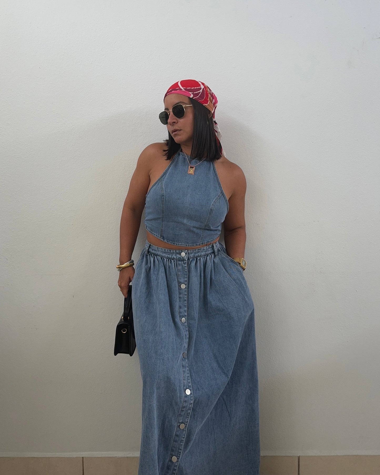 Denim Halter Top & Maxi Skirt Set