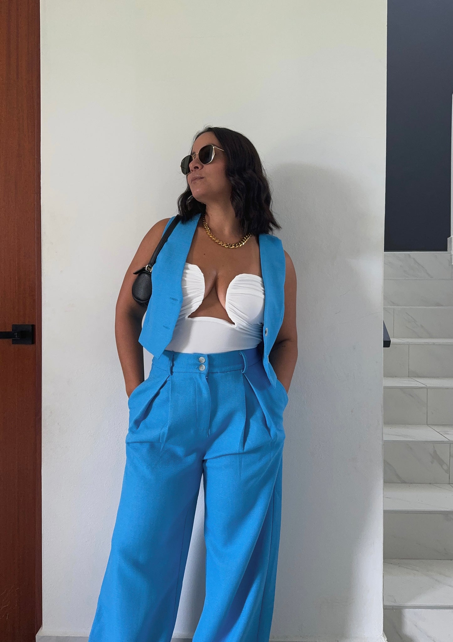 French Blue Vest & Flare Pants Set