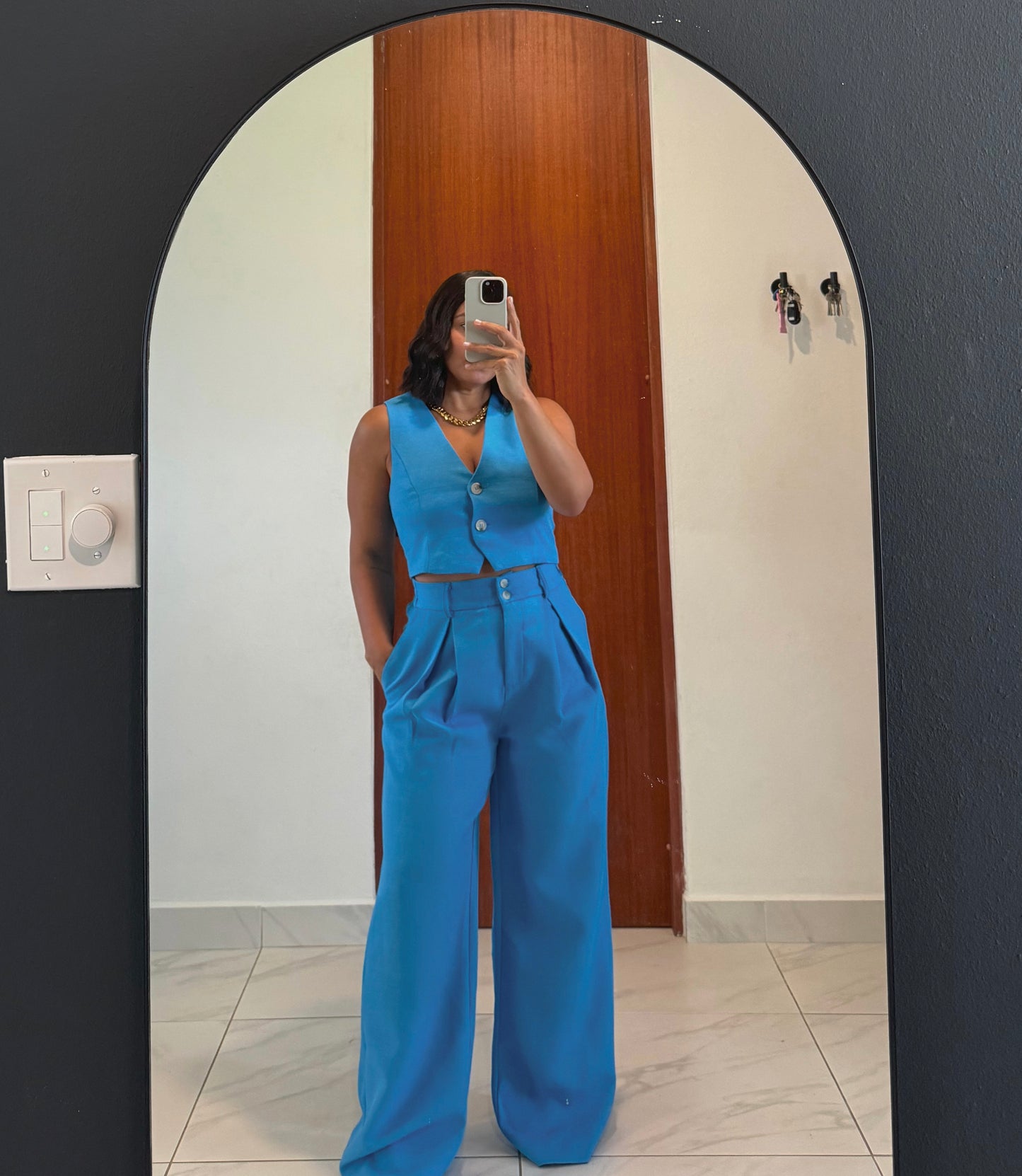 French Blue Vest & Flare Pants Set