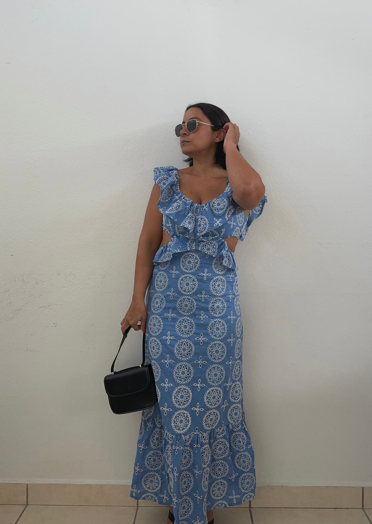 Denim Blue Embroidery Midi Dress