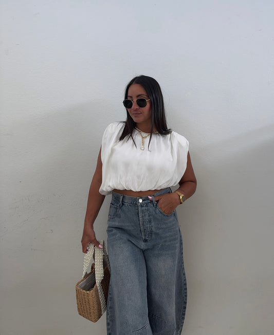 Ivory Asymmetrical Hemmed Top w Shoulder Pads