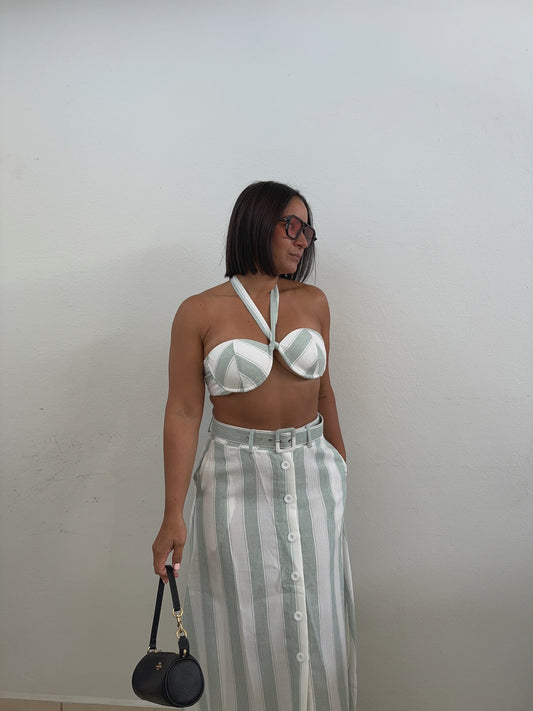 Sage Stripes Halter Top & Skirt Set