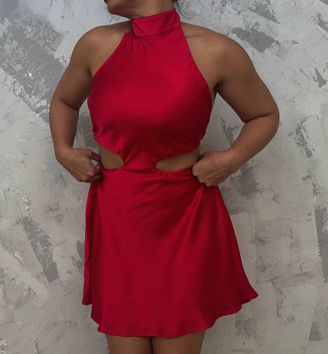 Red Satin Cutout Mini Dress