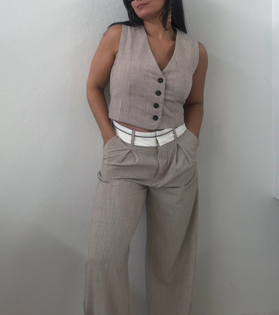 Folded Waistband Trousers, Taupe