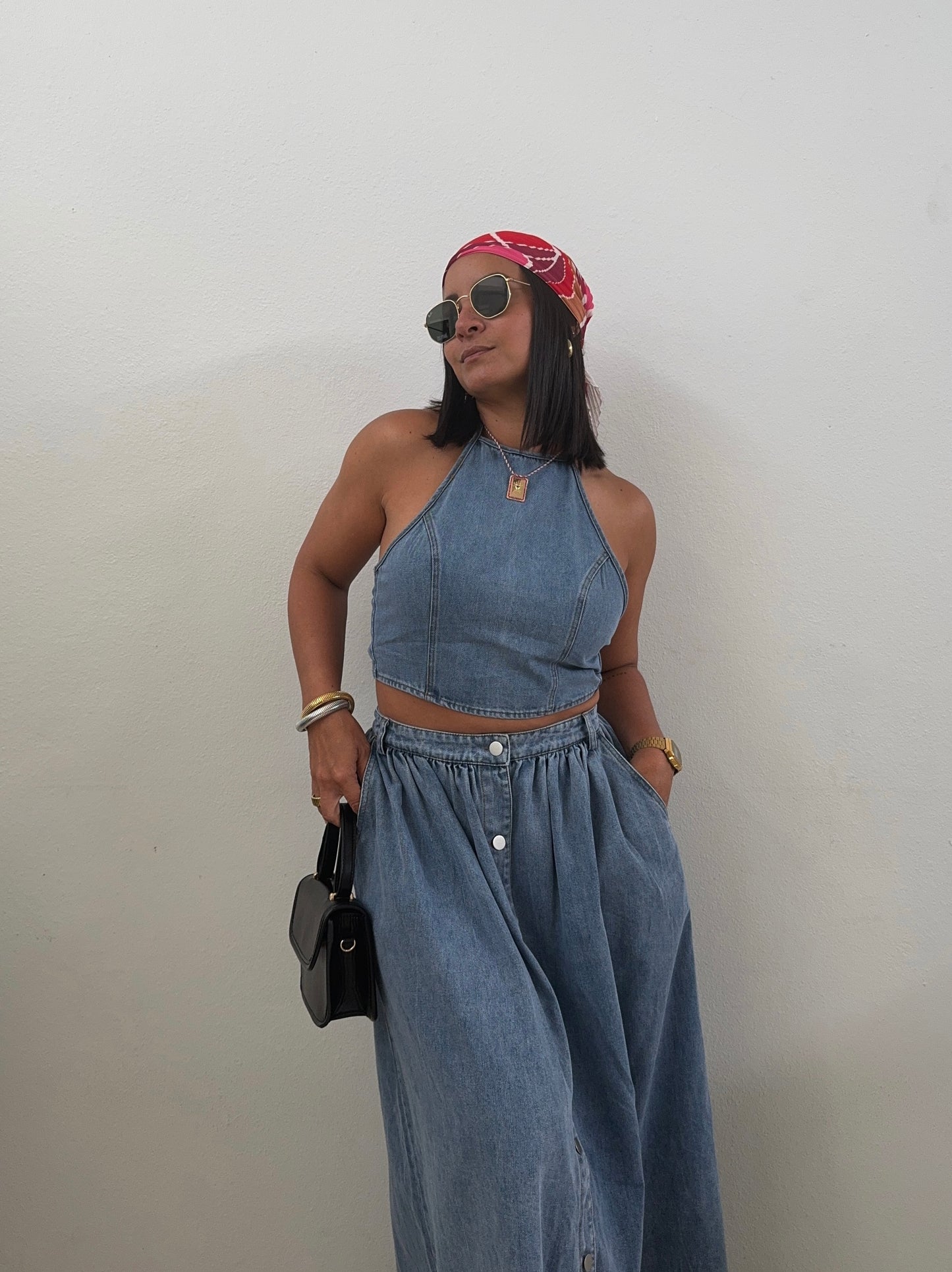 Denim Halter Top & Maxi Skirt Set