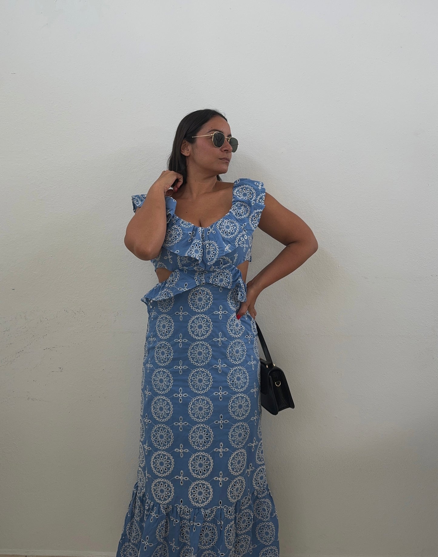 Denim Blue Embroidery Midi Dress