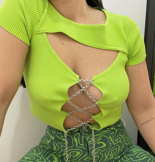 Lime Lace Up Metal Chain Top