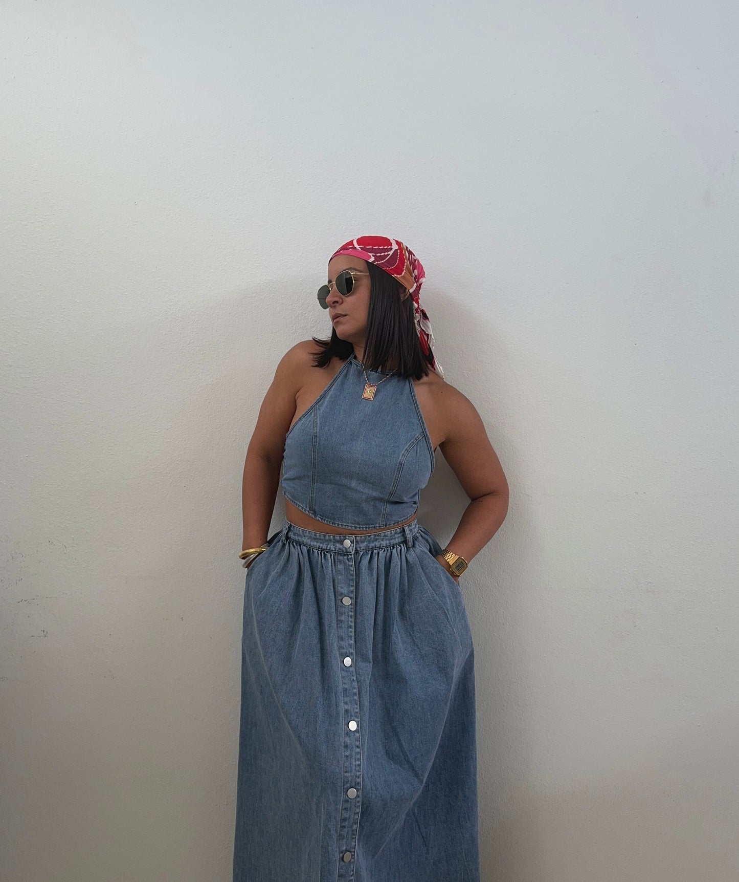 Denim Halter Top & Maxi Skirt Set