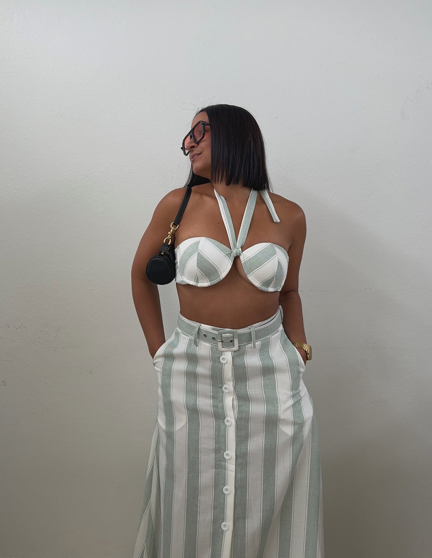 Sage Stripes Halter Top & Skirt Set