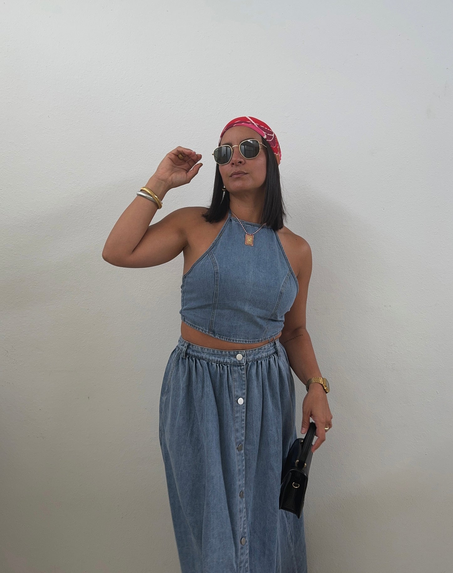 Denim Halter Top & Maxi Skirt Set