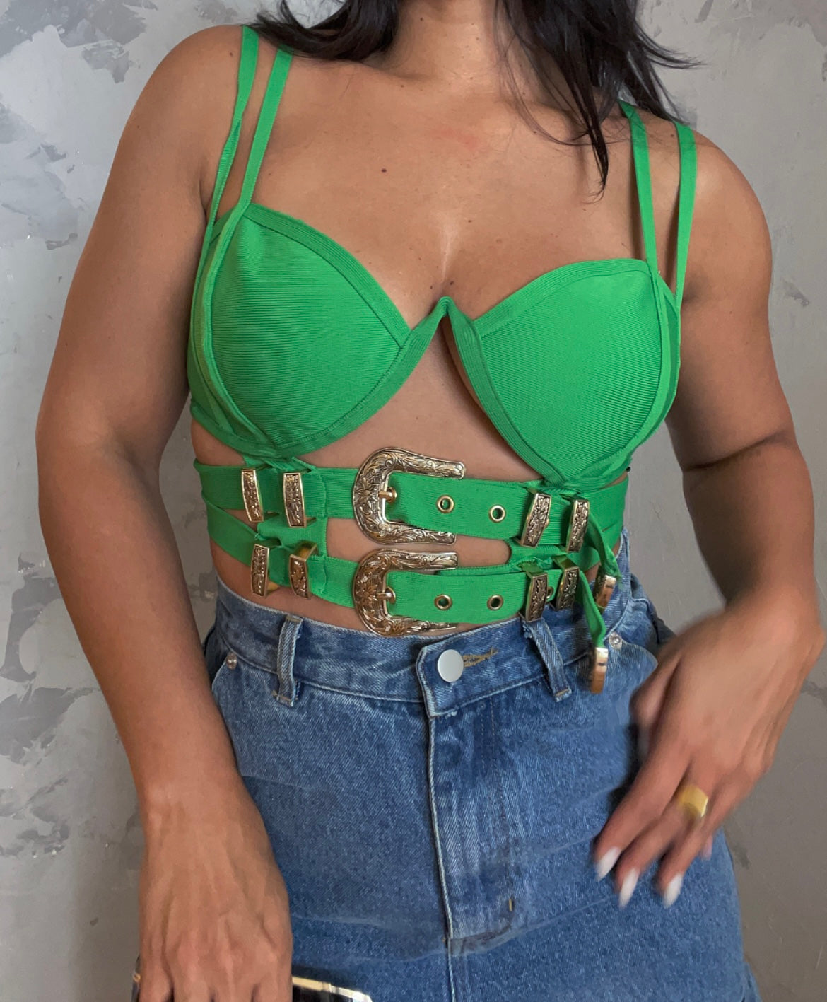 Green Buckle Detail Top