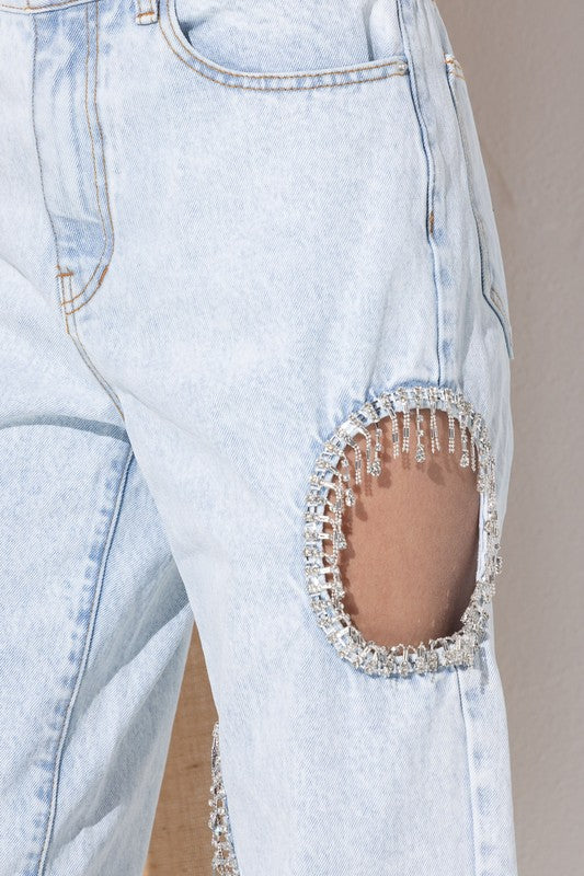 Rhinestone Fringe Detail Loose Jeans