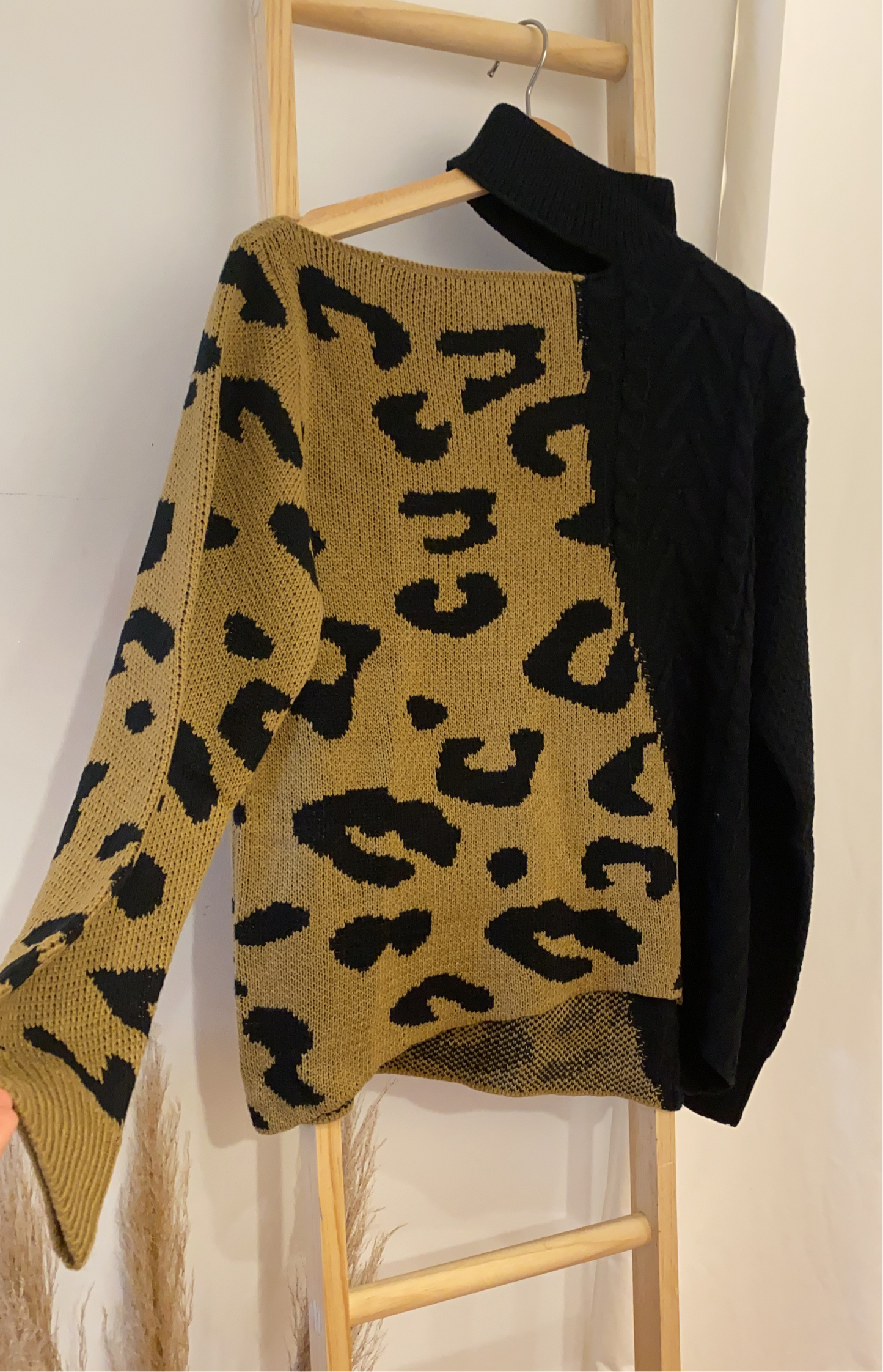 One Shoulder Sweater (Leopard Print & Black)