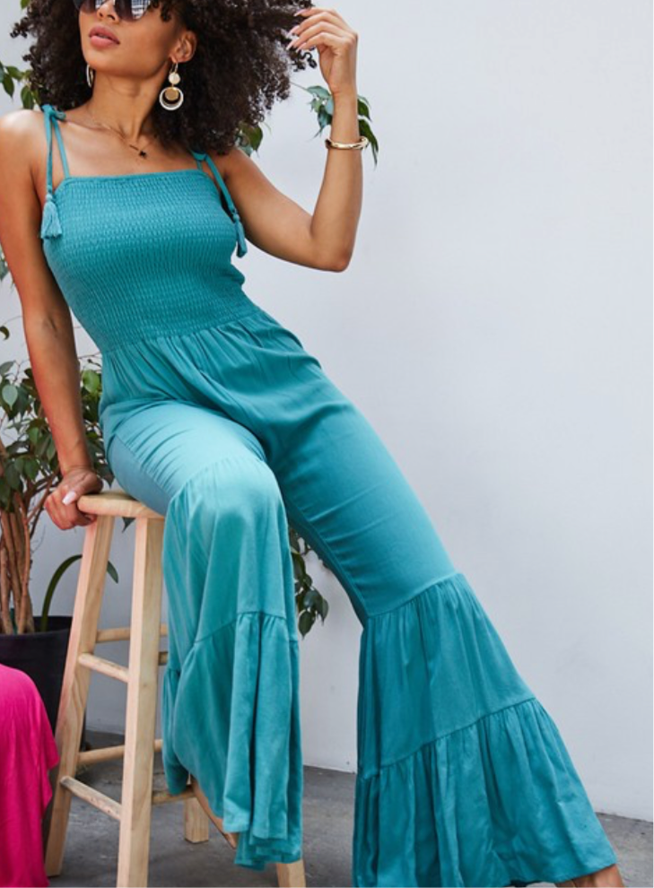Teal Wide Ruffle Jumpsuit