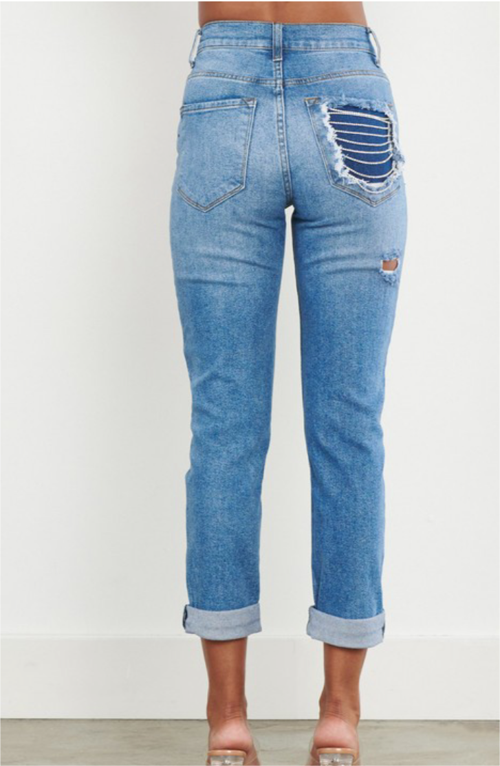 High Rise w Rhinestone Detail (mom jeans)