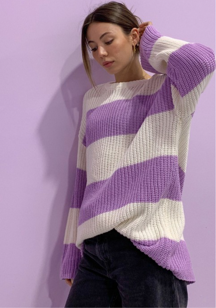 Ivory Lilac Stripe Oversized Sweater