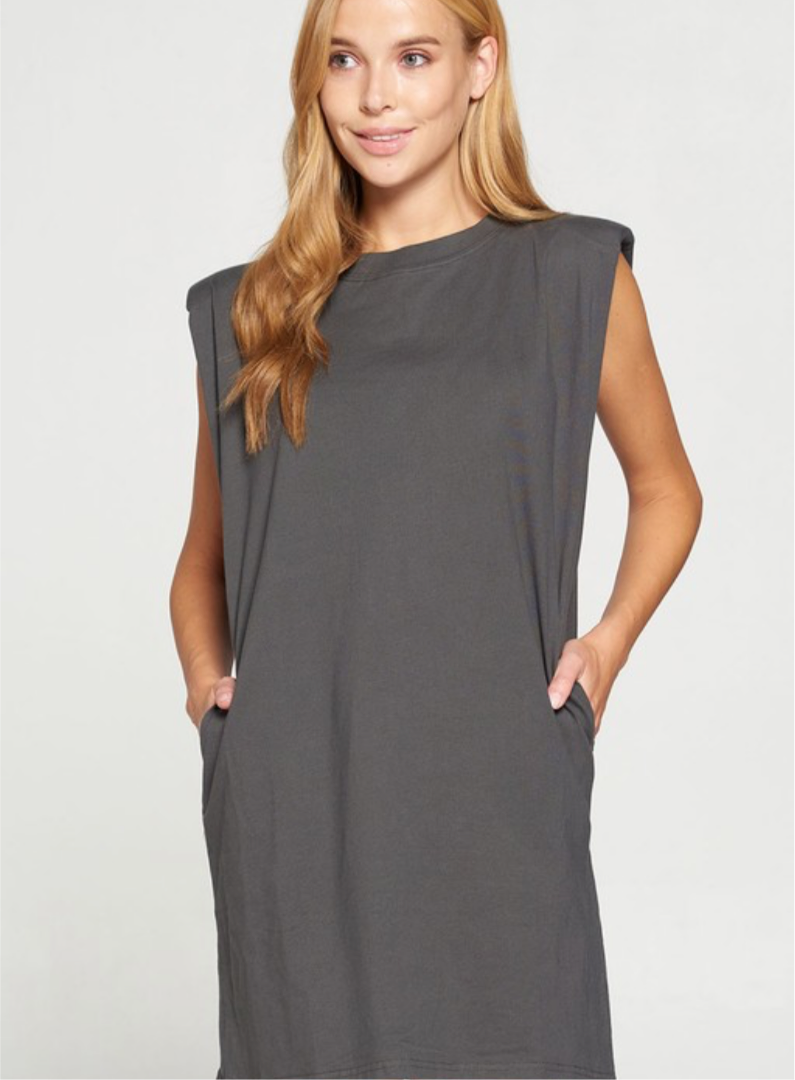 Charcoal Grey Shoulder Pad Dress